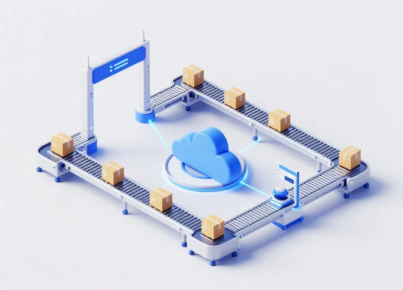 A modern isometric 3D illustration of a futuristic logistics warehouse featuring automated conveyor belts and glowing RFID scanning portals.