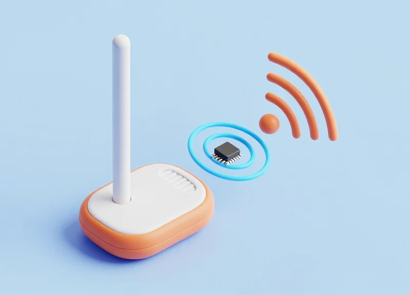 Isometric 3D illustration of RFID inductive and radiative coupling concepts