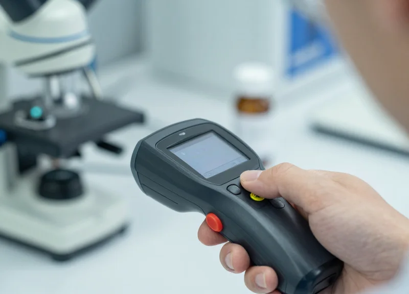Close-up of a near-field RFID reader scanning a tag in a laboratory setting