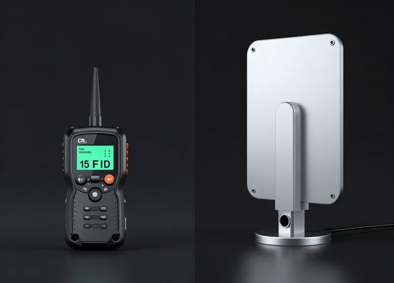 A professional side-by-side comparison of two different types of RFID hardware: a small proximity-based sensor on one side and a large-range panel antenna on the other, presented in a clean studio setting.