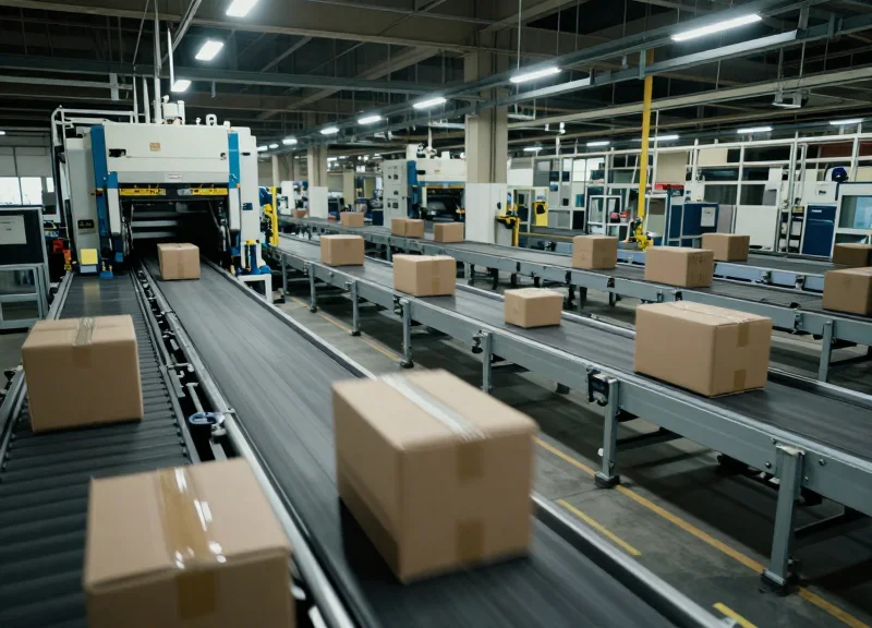 High-speed conveyor belts in a busy modern warehouse with blurred motion of packages.
