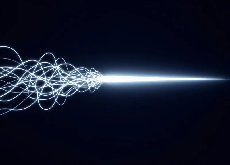 Abstract representation of chaotic overlapping radio waves being filtered into a single sharp beam.