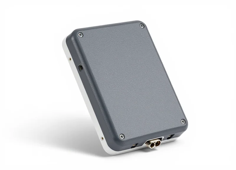 A rugged industrial RFID antenna with narrow-beam technology on a pure white background.