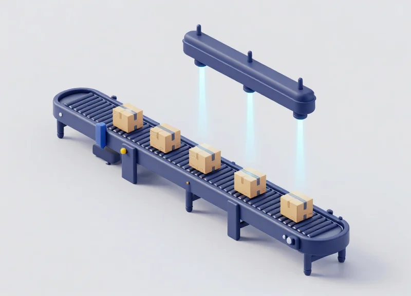 An isometric 3D view of a modern automated warehouse conveyor belt with precise glowing light beams scanning packages, showcasing high-speed logistics technology.