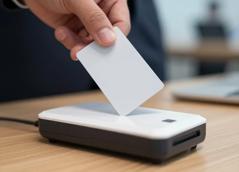 A close-up photorealistic shot of a professional desktop RFID card issuer and a sleek white plastic card positioned precisely over a near-field antenna on a clean workspace.
