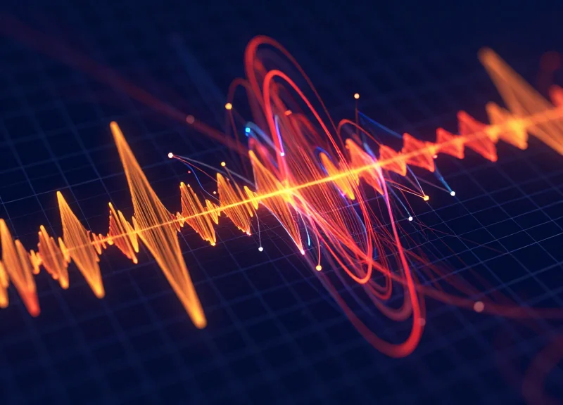 Abstract visualization of messy, overlapping signal waves representing legacy RFID signal spill in a dark blue digital environment.