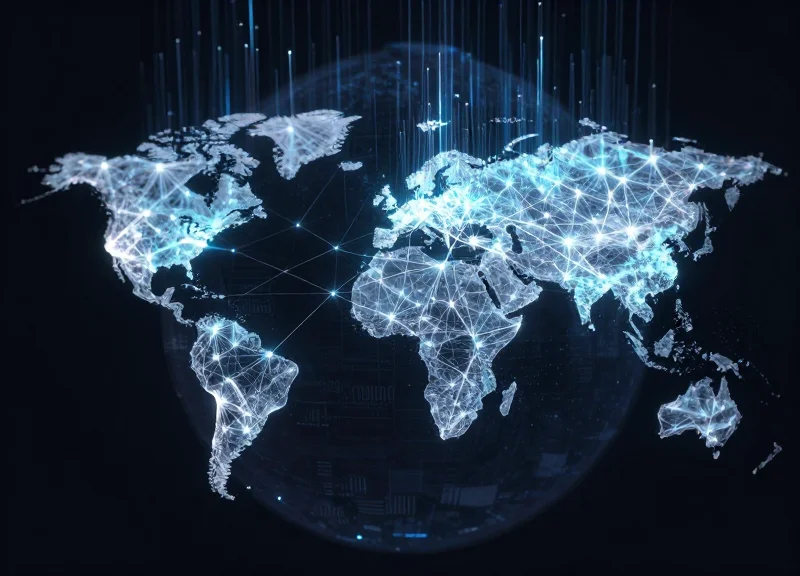 Global supply chain network visualization with glowing data nodes and future-proof connections.