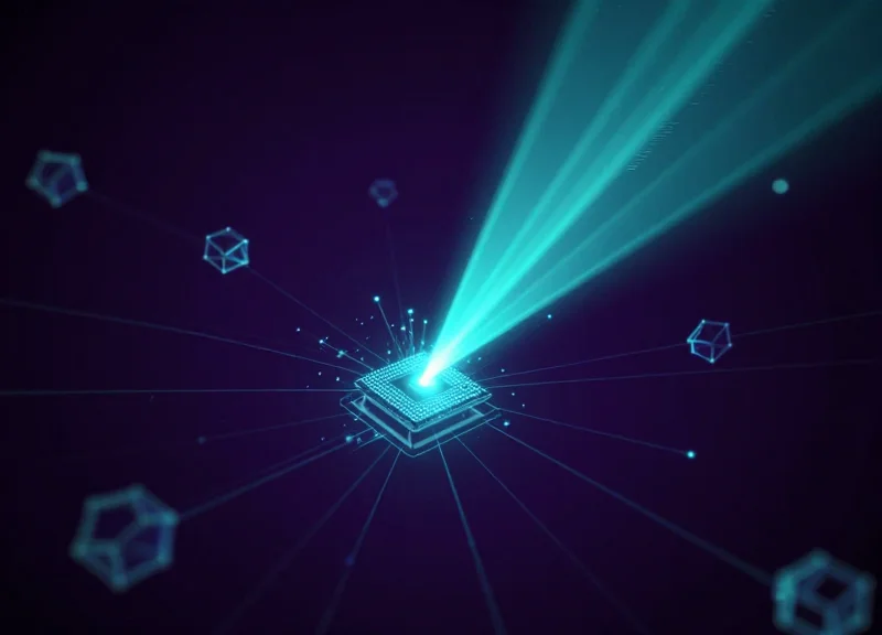 An abstract technological visualization showing a single, sharp, focused beam of cyan light hitting a specific glowing microchip node among many others in a dark digital environment.
