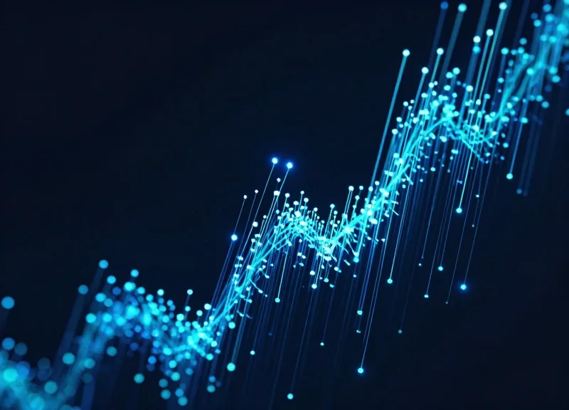 Abstract visualization of glowing data streams and RFID nodes representing technological evolution for 2026.