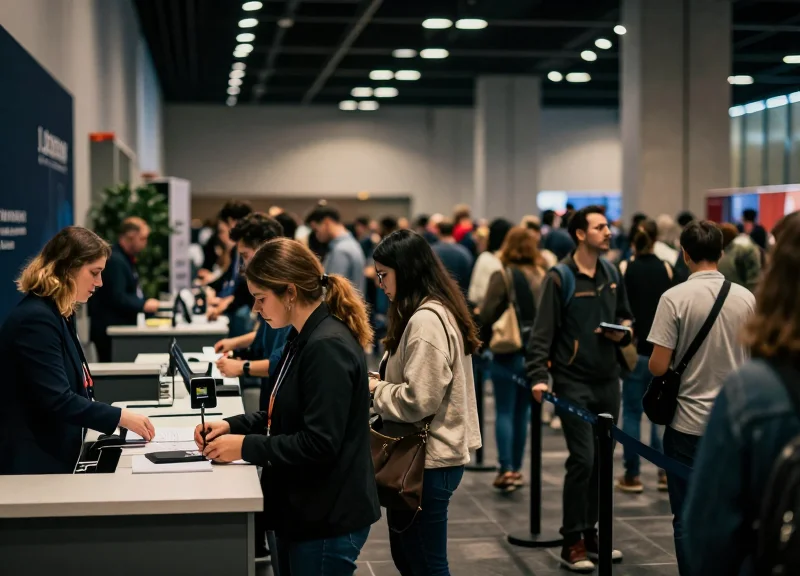 A crowded event entrance with people waiting in long queues