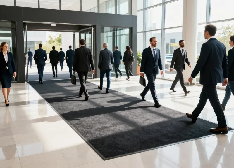 A photorealistic view of a modern event entrance where attendees walk effortlessly over a sleek black floor mat, symbolizing efficient and invisible check-in technology.