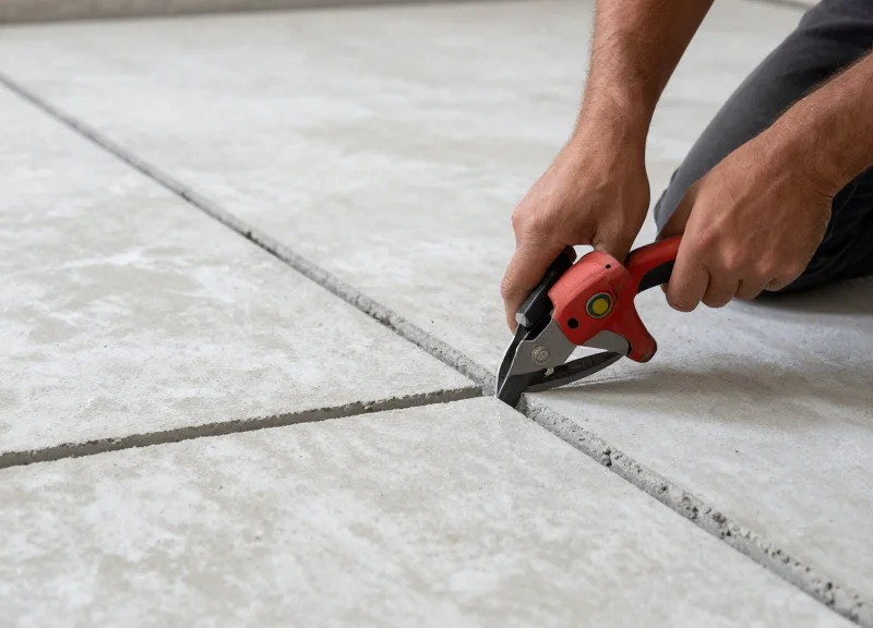 A close-up of a precision trench being cut into a concrete subfloor for cable routing.