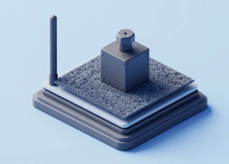 Isometric 3D illustration showing a cross-section of a ruggedized RFID antenna placed between a concrete floor and a carpet layer, with a heavy block representing load capacity.