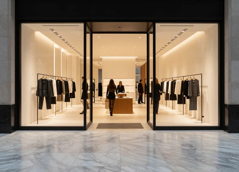 A wide shot of a luxury minimalist retail store entrance with a clean polished floor and no visible security pedestals, showing customers walking through a modern glass doorway.