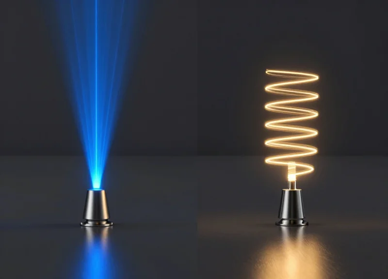 A side-by-side visual comparison of two different RFID antenna designs on a sleek laboratory surface, featuring abstract blue and gold light trails representing different polarization patterns.