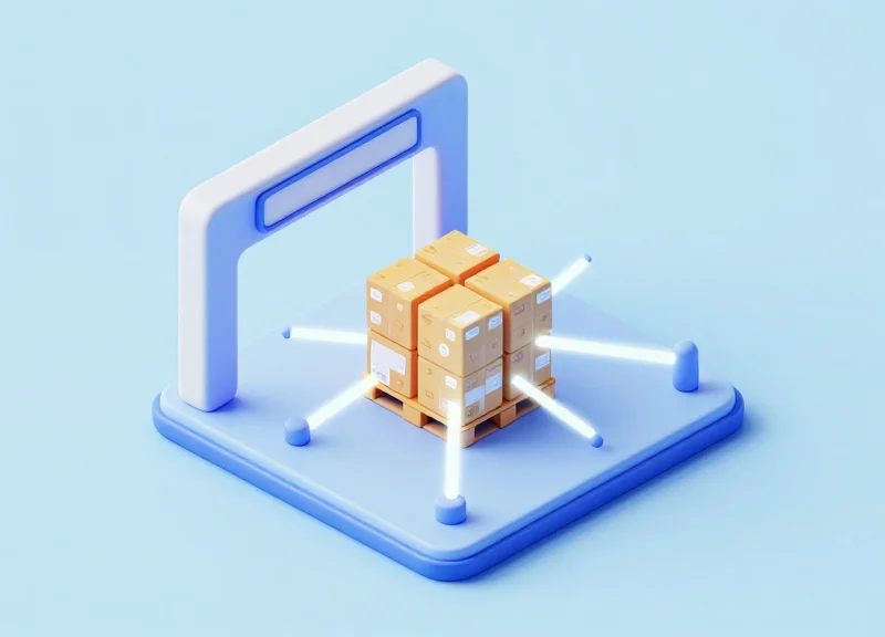 Isometric 3D model of an omnidirectional RFID reader scanning a pallet from all directions