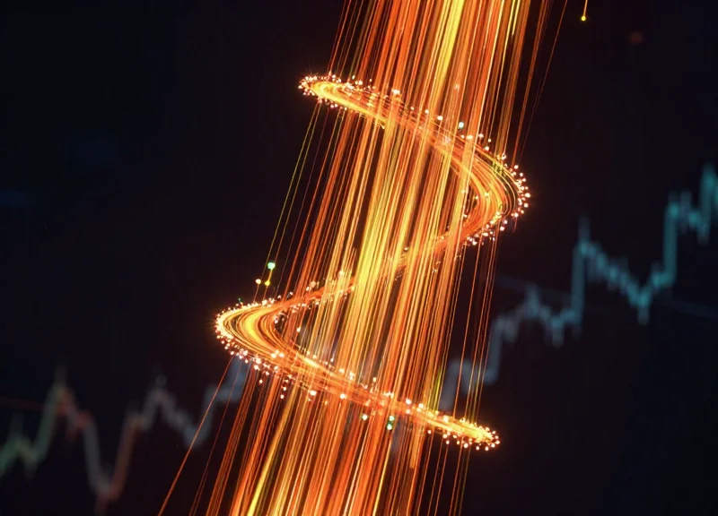 Abstract digital data stream showing an upward trend of glowing nodes representing ROI growth