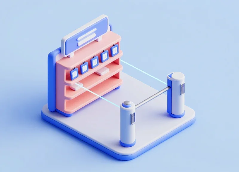Isometric view of a retail shelf with ESL tags and EAS security gates integrated into a system