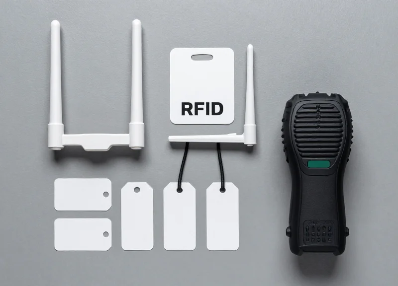 Neatly arranged RFID hardware including antennas, readers, and different types of tags