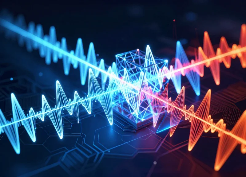 Abstract 3D visualization of polarized electromagnetic waves being filtered and organized into parallel streams to eliminate chaotic signal interference.