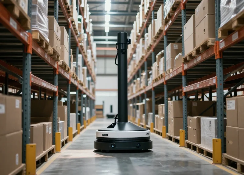 Photorealistic view of a high-tech logistics warehouse showing automated tracking systems