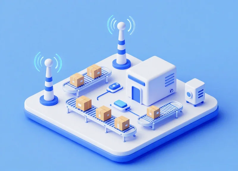 An isometric 3D illustration showing a futuristic logistics warehouse with small antenna modules emitting glowing signal waves above automated conveyor belts and packages.