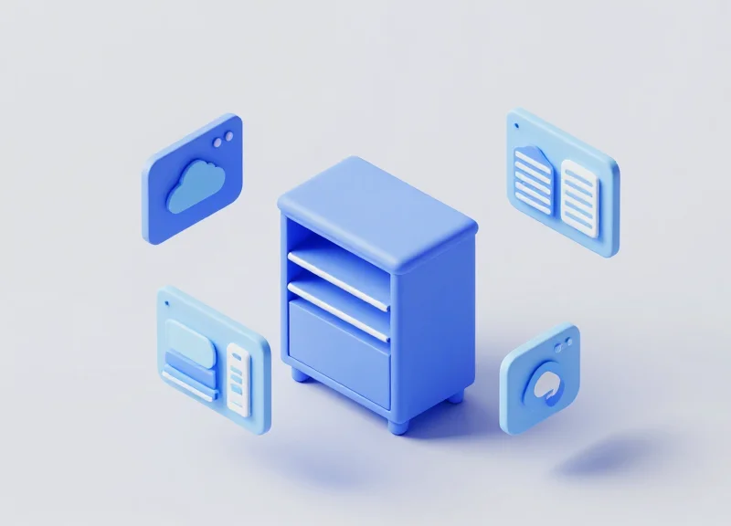 Isometric 3D illustration showing a smart cabinet integrated into a digital network of cloud and database icons.