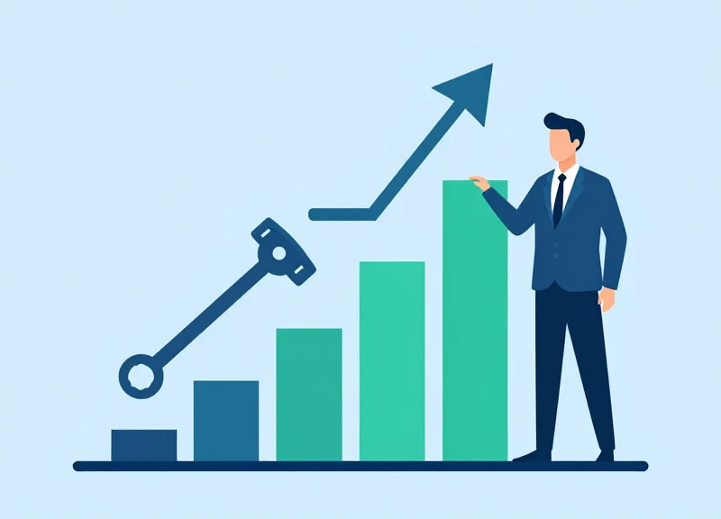 Flat vector illustration of a person standing next to an upward trending bar graph made of organized tool silhouettes.