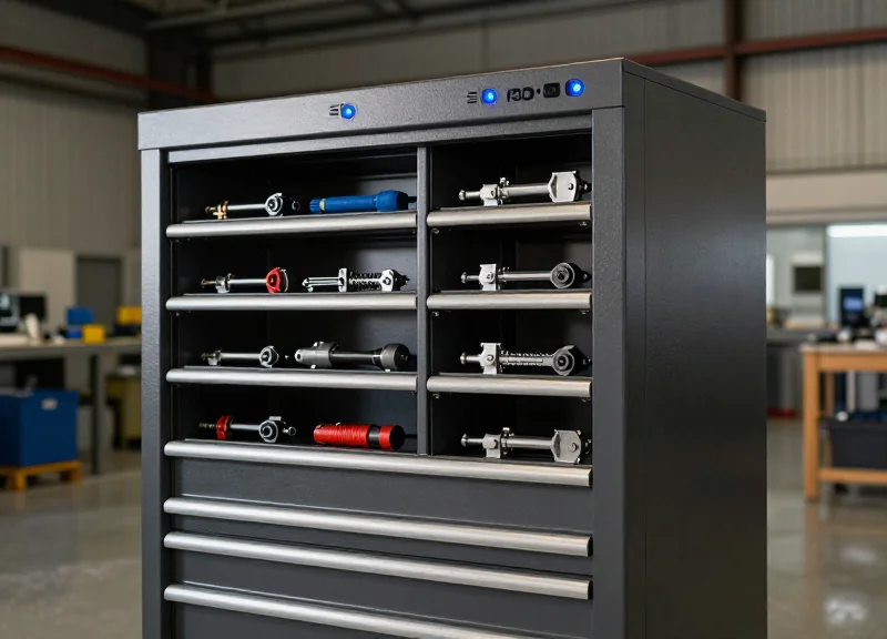 A high-end heavy-duty industrial RFID smart tool cabinet standing in a modern maintenance facility with cinematic lighting and a professional workshop background.