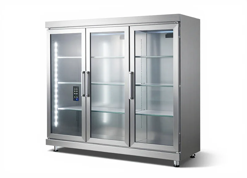 A high-tech industrial smart cabinet with glass doors and internal LED lighting on a pure white background.