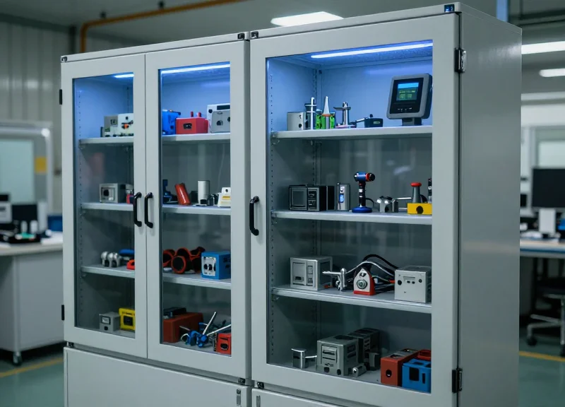 A high-tech industrial smart storage cabinet with glowing blue RFID indicators in a modern, clean factory workshop.
