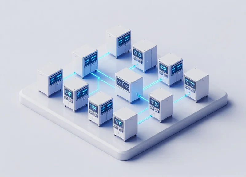An isometric 3D illustration of multiple sleek RFID smart cabinets in a modern factory setting with glowing light trails representing automated data tracking and connectivity.