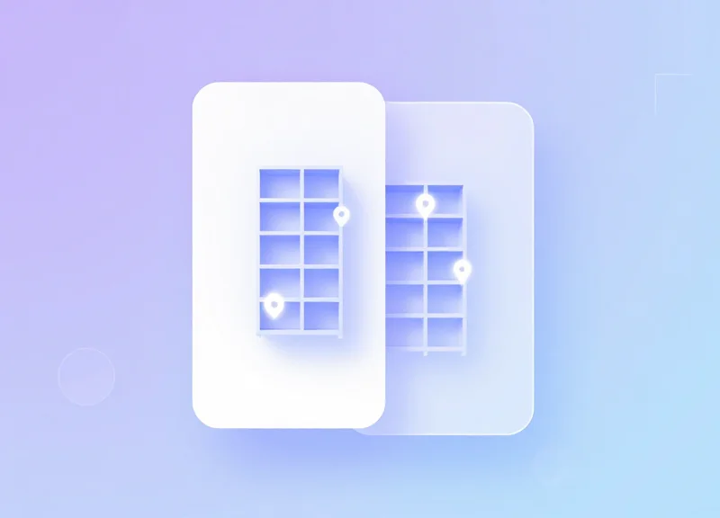 A glassmorphism-style interface mockup showing location markers for library documents.