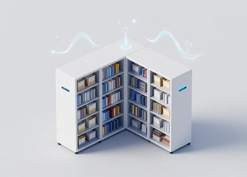 An isometric 3D illustration of a modern smart RFID cabinet system in a library setting with glowing data connection lines.