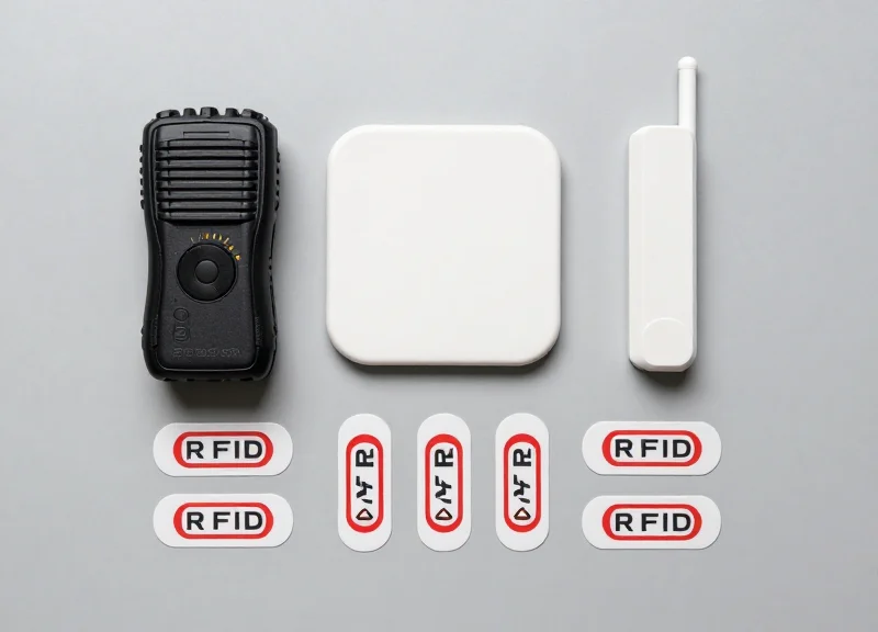 A flat lay of RFID hardware including a reader, antenna, and various tags.