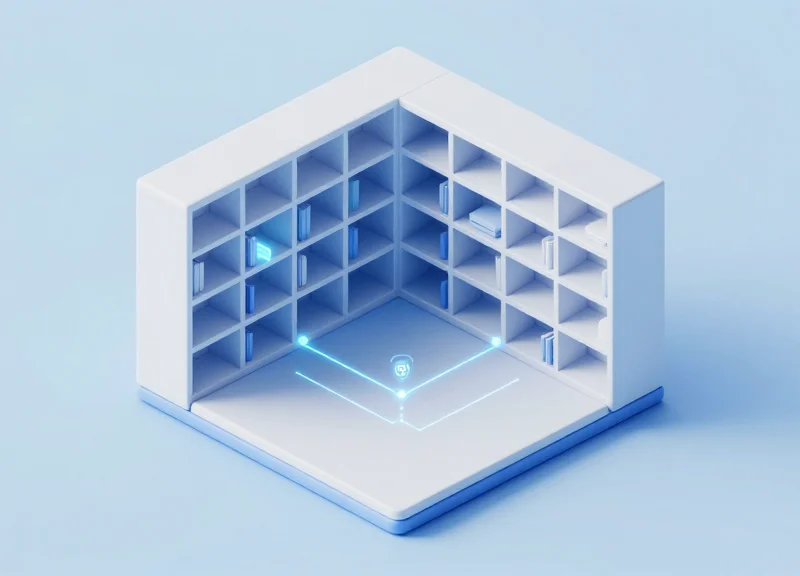 A clean isometric 3D illustration of a smart shelving system with glowing digital nodes highlighting precise item positions.