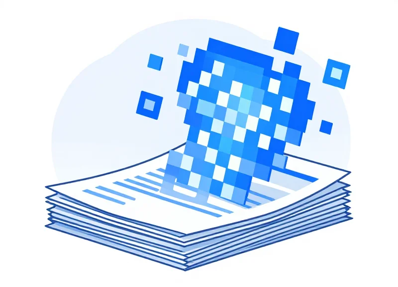 A flat vector illustration showing a transition from paper documents to glowing digital pixels.