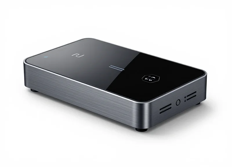A futuristic 2026 smart integration terminal with a glass interface on a white background.