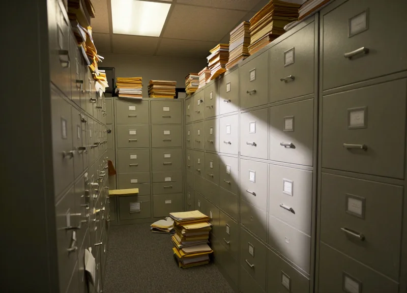 A chaotic office with messy stacks of paper and overflowing filing cabinets.