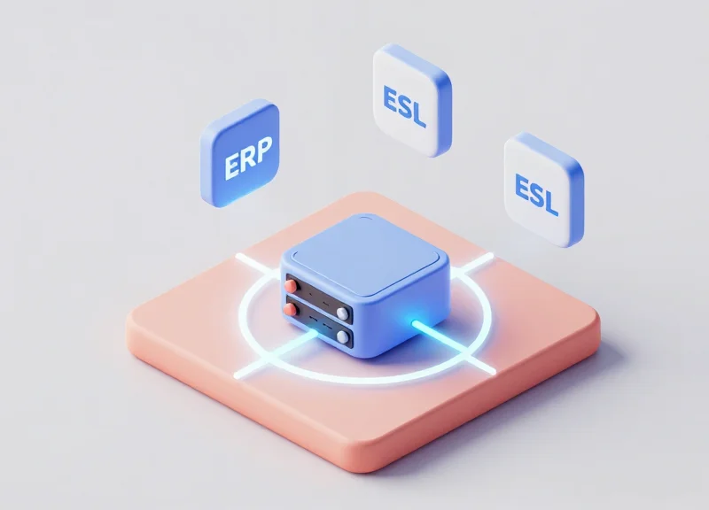 Isometric 3D model of a terminal connected to ERP and ESL modules.