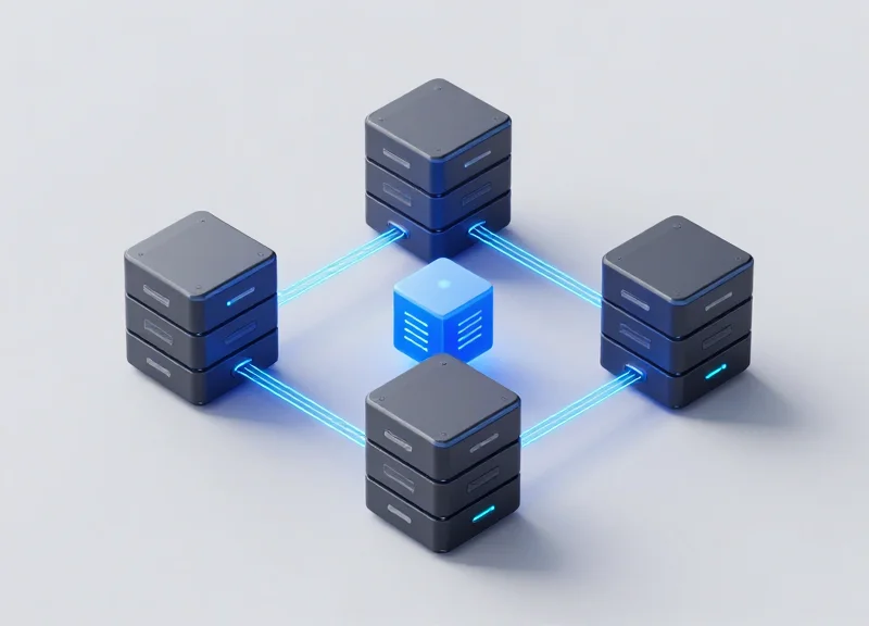 A modern 3D isometric illustration showing a smart document integration terminal with glowing data nodes and modular filing components on a clean background.