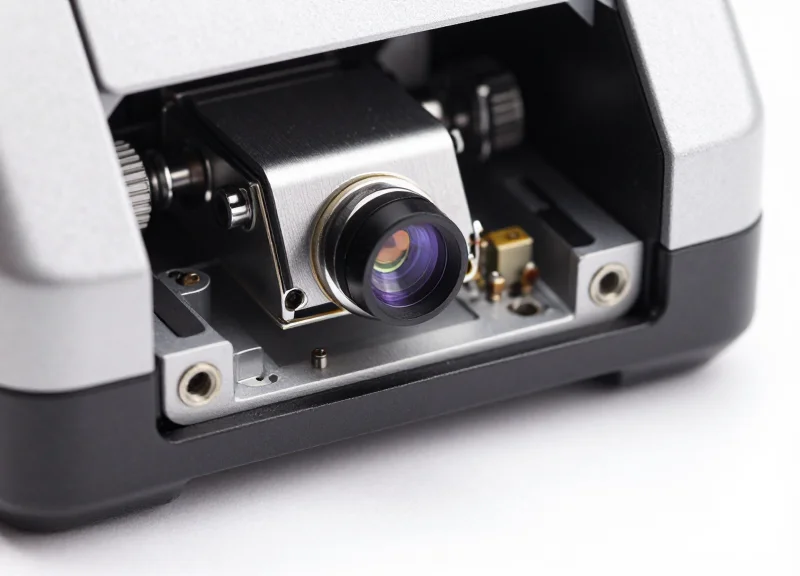 Close-up macro shot of an RFID printer's internal encoding mechanism showing high-precision sensors.