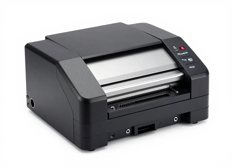 A rugged industrial RFID printer with a heavy-duty metal frame on a pure white background.