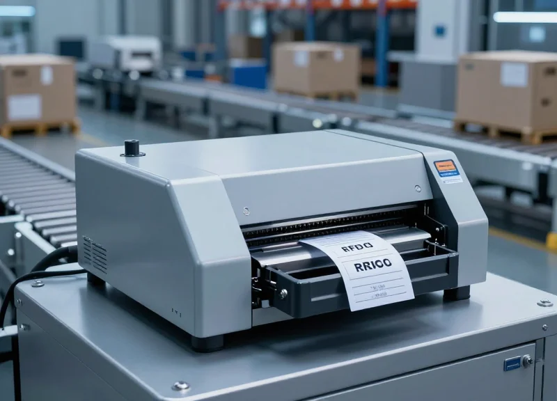 A modern industrial RFID printer-encoder in a high-tech logistics warehouse, producing smart labels with a blurred background of a distribution center.
