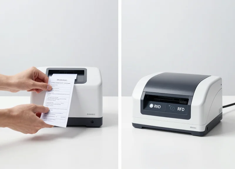 Side-by-side visual comparison showing manual tagging versus modern on-demand RFID encoding.