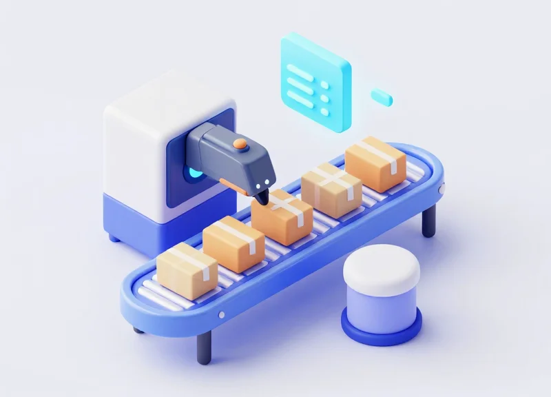 Isometric 3D model of an automated RFID encoding conveyor system illustrating error-free workflow.