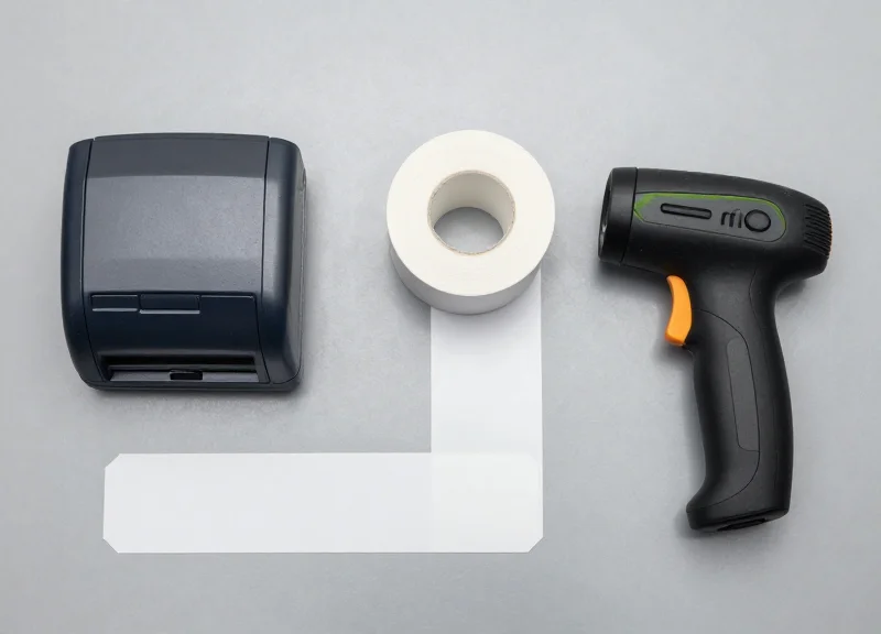 Flat lay arrangement of essential RFID hardware including printers, tags, and scanners.