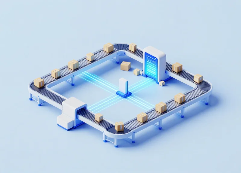 An isometric 3D illustration of a modern logistics warehouse system with automated conveyor belts, small package modules, and glowing digital connection nodes representing RFID technology.