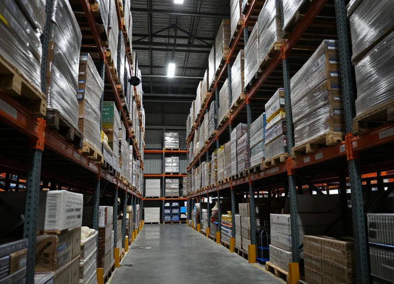 Complex industrial warehouse environment with dense metal racking and stacked pallets