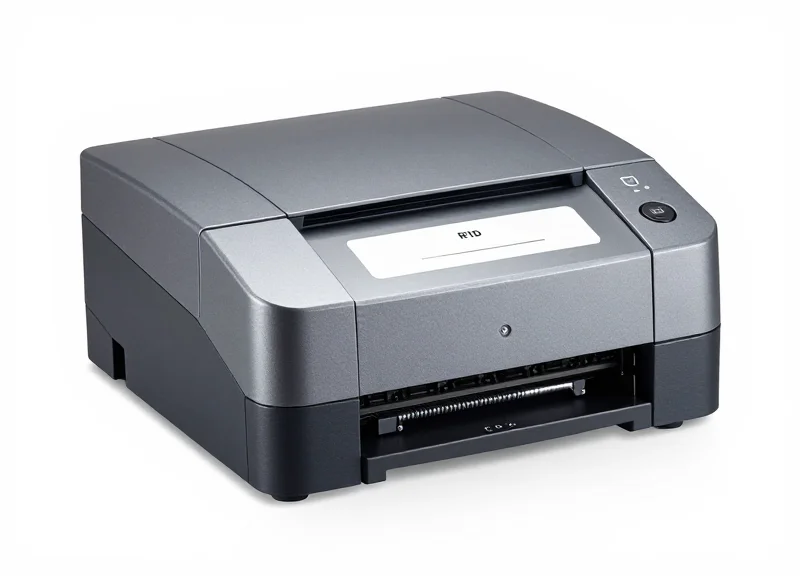 A modern high-speed industrial RFID printer with a sleek design on a white background.